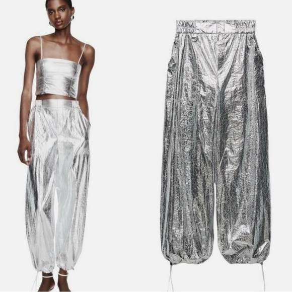 Zara Silver Metallic pants. Medium. - Picture 2 of 11